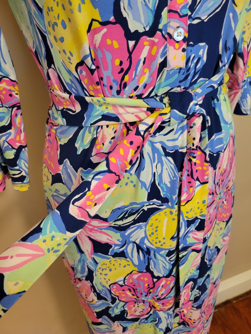 Lilly Pulitzer Floral Navy Knit Maxi Shirt Dress with Tie Waist - Picture 5 of 7
